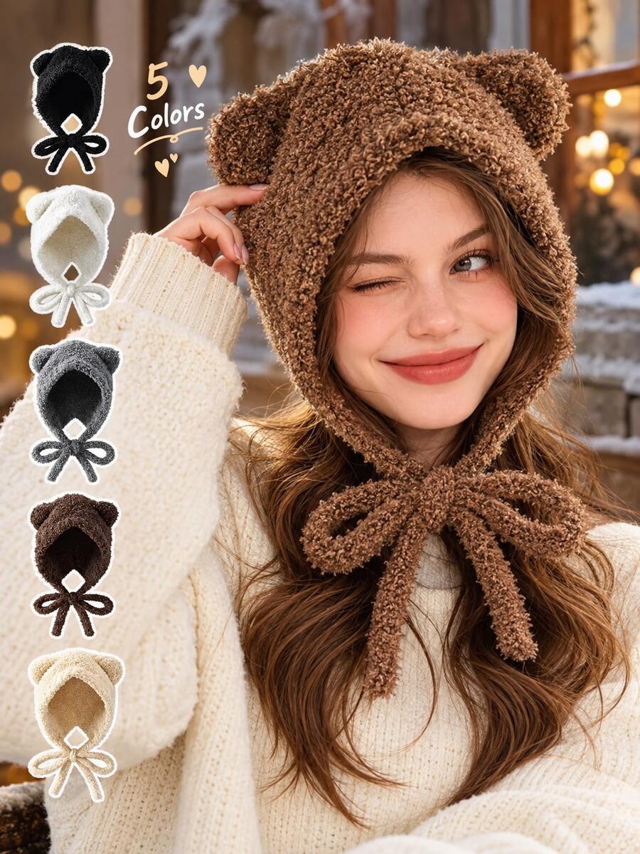 Cute Plush Bear Ear Tie Winter Hat - Solid Color Warm Ear Protection Hat, Suitable For Travel And Daily Wear. Warm And Playful - Comfortable Lining, Keeps You Warm In Cold Weather. Fun Teddy Bear Ear Hat - Comfortable Fleece Winter Knit Hat. - Multicolor - View 1