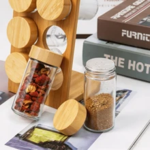 Bamboo Stand Glass Spice Jar Set, Available In 6-Grid And 8-Grid Sizes, Sealed Spice Storage Jars With Bamboo Wood Lids, Tilted Vertical Rack, Suitable For Storing Seasonings And Spices On Kitchen Countertops - Multicolor - View 7