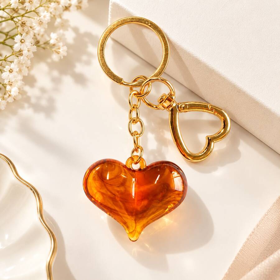 1pc Vintage Bow & Heart Keychain, Acrylic Bag Charm, Fashion Handbag Pendant, Key Ring Accessory, Perfect Gift For Women - Brown - View 1