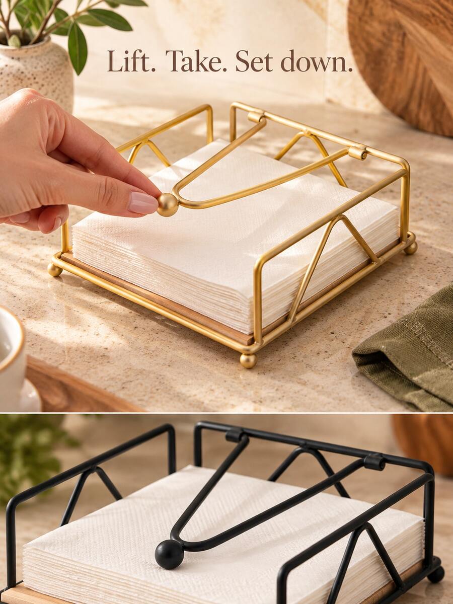 1件金屬餐巾紙架附木製底座,金色或黑色桌面紙巾架附壓條,廚房、餐廳、居家、派對餐桌裝飾及日常使用裝飾性桌面收納架 - 多款 - 查看 1