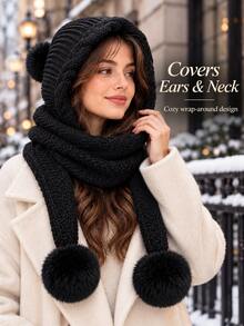 Women's Fleece Lined Knit Hat With 3 Pom Poms, Multi-Functional All-In-One Hat & Scarf Set, Ear Protection Thickened Warm Design, Comfortable And Cute, Suitable For Autumn/Winter, Cyber Monday Holiday Style - Multicolor - View 7