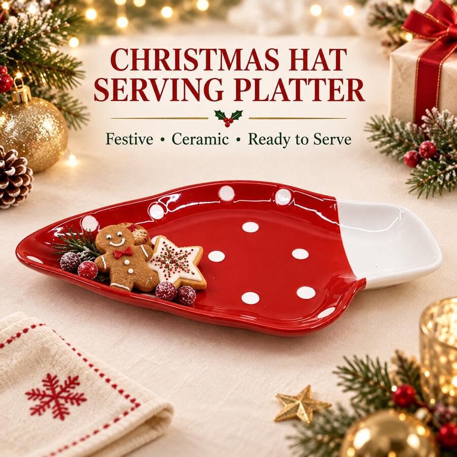 WGROOM 1pc Christmas Hat Ceramic Plate, Red And White Color Scheme Holiday Appetizer Dessert Snack Tray, Suitable For Home, Restaurant, Party And Holiday Dining - Multicolor - View 1