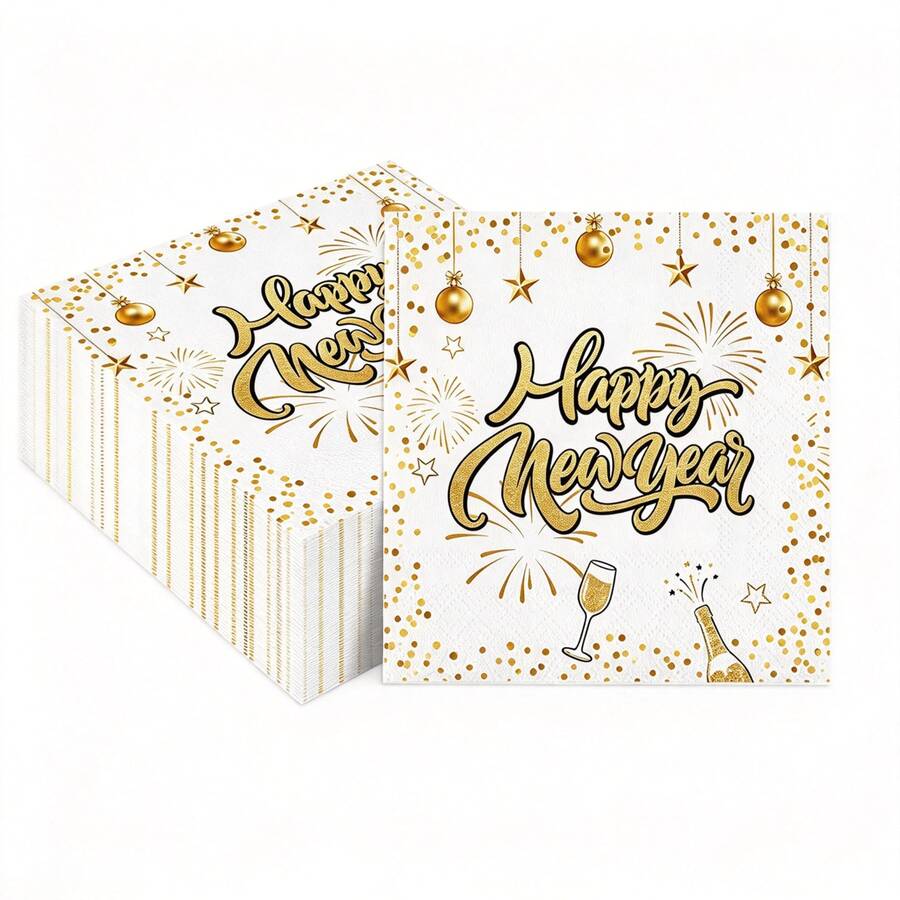 Gold "Happy New Year" Napkins – Festive Party Tableware With Champagne, Fireworks & Ornaments. Perfect For NYE Celebration Decor. - Style 1 - View 1