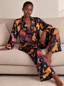 2pcs/Set Women's All-Season Satin Pajama Set, Colorful Leopard Star Moon Heart Print, Deep V-Neck Lapel Long Sleeve Loungewear - Black - View 5