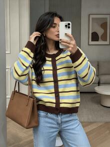 Women's Retro Color Block Striped Knit Cardigan, Fall Winter Round Neck Button Front Oversized Loose Long Sleeve Soft Casual Warm Sweater - Yellow - View 6