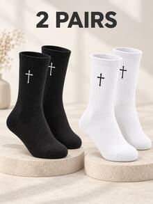 2 Pairs Simple Embroidered Crew Socks For Men Women Ribbed Cuff Breathable Versatile Socks Basic Casual Socks For Home Commute Sports All Seasons - Multicolor - View 7