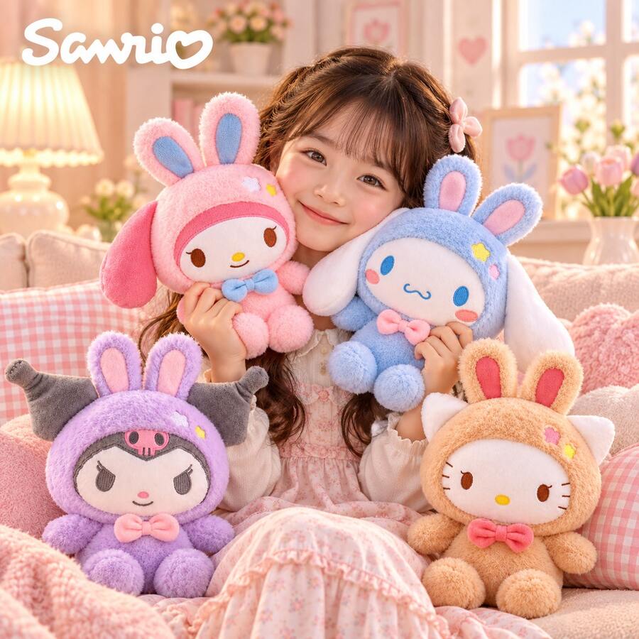 1pc Sanrio Bunny Ear Costume Series Plush Doll, Cute Sitting Stuffed Figure. It Can Serve As Decorative Ornament For Bedroom And Desktop. An Exquisite Healing Gift For Birthdays And Festivals. - Multicolor - View 1