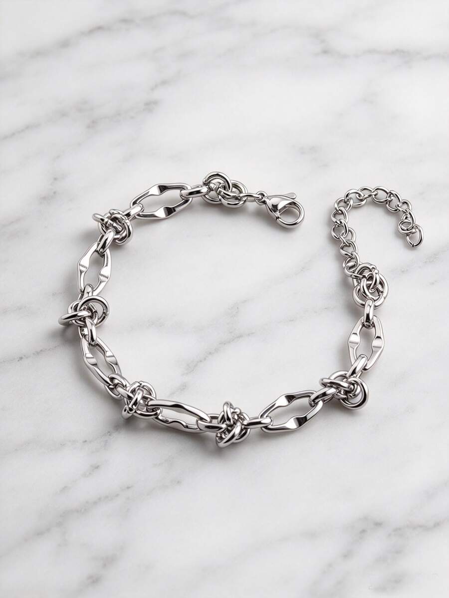 1pc Personalized Creative Hiphop Fashion Handmade Stainless Steel Geometric Chain Bracelet, Men's Street Party Accessory - Silver - View 1