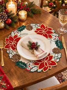 1pc Vintage Pastoral Style Christmas Placemat, Poinsettia Pine Cone Holly Berry Table Mat, Holiday Dining Table Decor Ornament, Suitable For Christmas Home Party Table Decoration - Multicolor - View 11