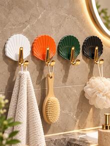 4pcs Shell-Shaped Self-Adhesive Double Hooks, No-Drill Textured Wall Hooks, Suitable For Towels, Bags, Keys, Bath Sponges, Bathroom, Bedroom, Kitchen, Entryway, Home Decor And Accessories - Multicolor - View 14