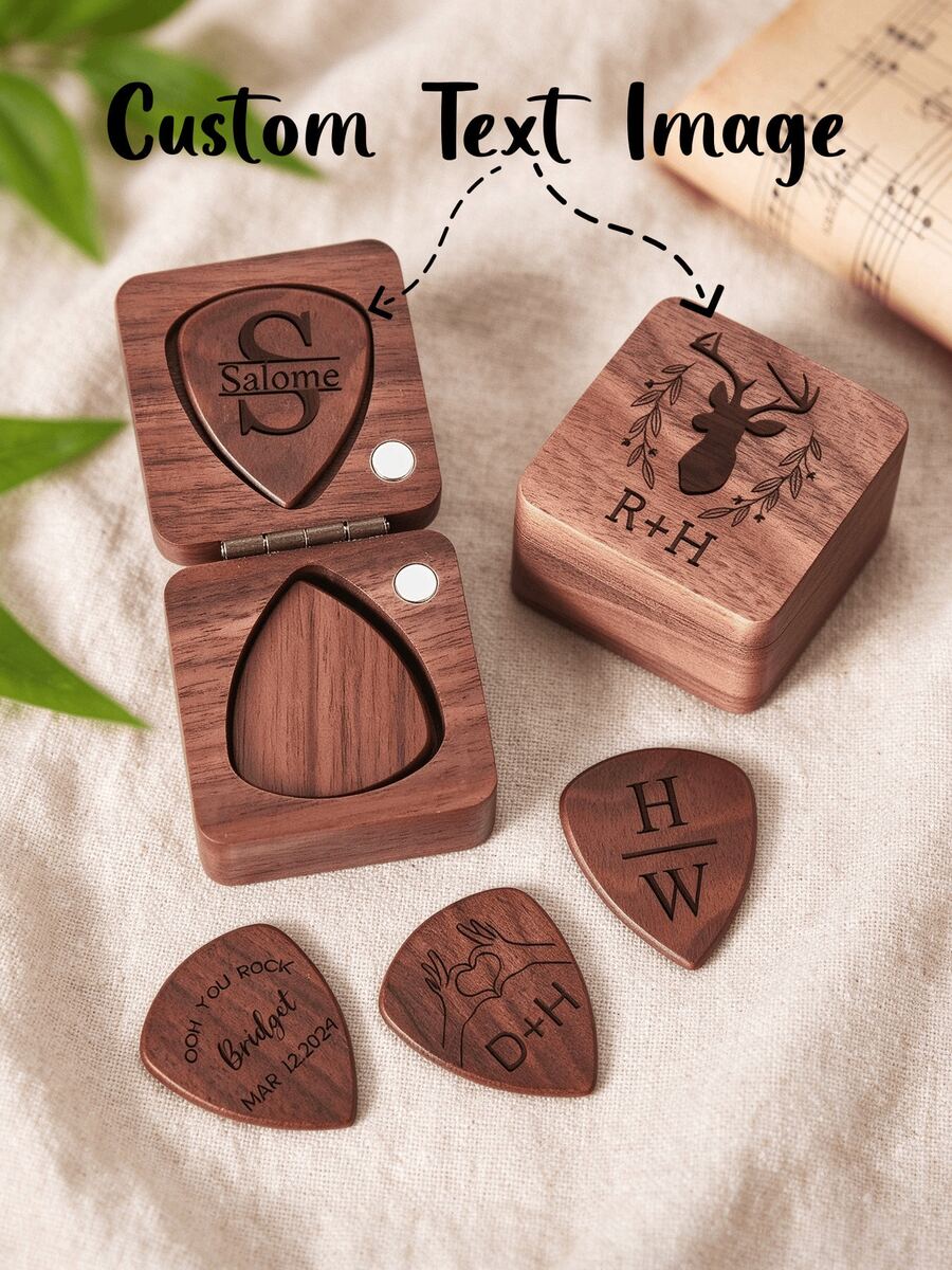2 Buah Pick Gitar Kustom + Kotak Hadiah, Kayu Solid Alami yang Dipoles, Tekstur Halus Alami, Sentuhan Hangat dan Lembut, Ketebalan Sedang, Teks, Nama, Pola, Foto yang Dipersonalisasi dengan Ukiran Laser, Kotak Penyimpanan Persegi Kecil Portabel dari Kayu Walnut Solid, Cocok untuk Penyimpanan Pick Gitar Akustik dan Gitar Elektrik, Aksesoris Alat Musik, Hadiah Ulang Tahun Ideal, Hadiah Ulang Tahun Pernikahan untuk Pecinta Musik, Berbagai Pilihan Kayu, Penyimpanan Ringkas dan Portabel - MultiWarna - View 1