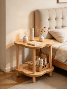 Log Style Double Layer Wavy Side Table, Floor Storage Coffee Table In Fresh Log Color, Multi-Layer Storage Corner Table, Easy To Assemble Sofa Side Table, Suitable For Home Living Room, Bedroom Bedside, Apartment Small Space, Leisure Reading Area - Multiple Specifications - View 3