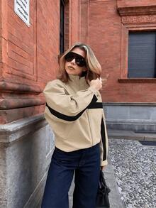 Women's Autumn Zip-Up Colorblock Bomber Jacket, Street Style Casual Sports Outerwear For Halloween - Khaki - View 1