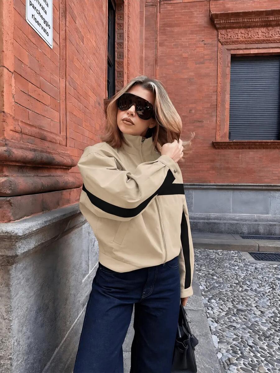 Women's Autumn Zip-Up Colorblock Bomber Jacket, Street Style Casual Sports Outerwear For Halloween - Khaki - View 1