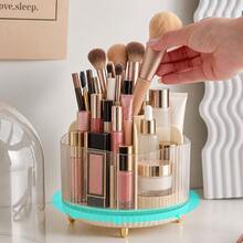 Organizer Makeup Warna Krem dengan Sisi Bergaris Transparan dan Banyak Kompartemen, Tempat Kuas Makeup dan Lipstik untuk Meja Rias - MultiWarna - View 9