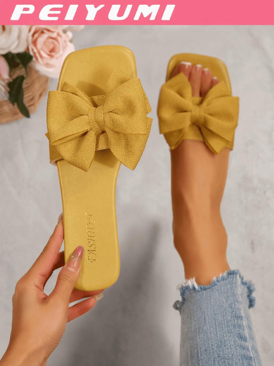 PEIYUMI Women's Bow Decor Slippers, Fashionable Summer Flat Sandals