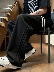 男士休閒直筒長褲，大口袋設計，可調節抽繩腰頭，四季皆宜，適合日常外出與聚會，兒子或男友的完美禮物，中性風格，萬聖節禮物 - 黑色 - 查看 3