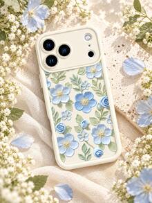 1pc Cream White Background 3D Oil Painting Blue Floral Phone Case, Fresh Artistic Floral Pattern Anti-Fall Full Coverage Protective Shell Compatible With IPhone 18 Pro Max/18 Pro/17/16/15/14/13/12/11/Pro/Pro Max/X/XR/XS/XS Max/7/8/Plus, /Honor - Beige - View 3