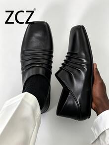 ZCZ Men's Wrinkled Square Toe Slip-On Loafers, Flat Heel Casual Shoes - Black - View 11