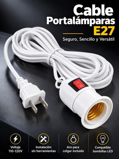 Socket Para Foco Con Interruptor E27 De 3 Metros Con Clavija para México color Blanco