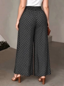 Women's Polka Dot Print Pocket Wide Leg Pants, Versatile Casual Plus Size Trousers - Black - View 2