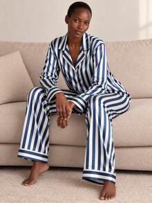 2pcs/Set Women's All-Season Vertical Striped Satin Pajama Set, Deep V-Neck Lapel Long Sleeve Loose Wide Leg Loungewear Set - Navy Blue - View 5