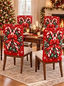 Sarung Sandaran Kursi Makan Natal, Motif Permen Tongkat, Pita Merah, Holly Berry, Kerucut Pinus, dan Kepingan Salju, Dekorasi Rumah Pesta Liburan Natal Meriah untuk Dapur, Ruang Makan, dan Pesta - B - View 4
