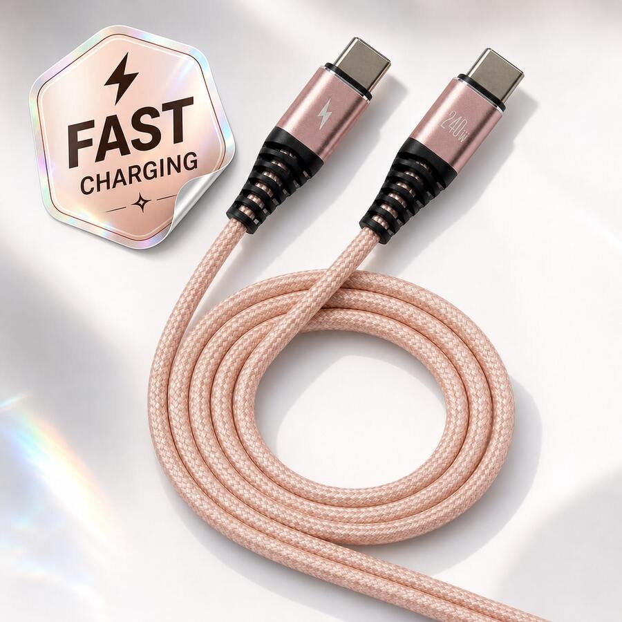 240W USB-C 轉 USB-C 快充線,尼龍編織充電線(1m/2m,6色可選),相容 iPhone 15 與 Android - 玫瑰金 - 查看 1