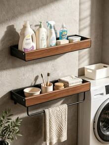 Solid Wood Walnut Bathroom Wall-Mounted Shelf, No-Punch Floating Storage Rack, Suitable For Washbasin Countertops, Toiletries And Household Essentials Storage - Black - View 5