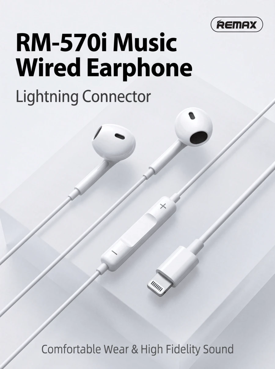 REMAX RM-570 Wired Music Earphones, Lightning/Type-C Interface, Comfortable Wear, 13mm High Fidelity Dynamic Driver, HiFi Stereo Sound Quality, Compatible With IPhone 7/8/X/XS/XR/11/12/13/14 And SE, Pro, Pro Max Models - View 1