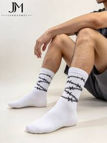 White Base Black Thorn Pattern Mid-Calf Socks Street Style Personalized Casual Versatile Comfortable Skin-Friendly Breathable Men's Socks - Multicolor - View 1