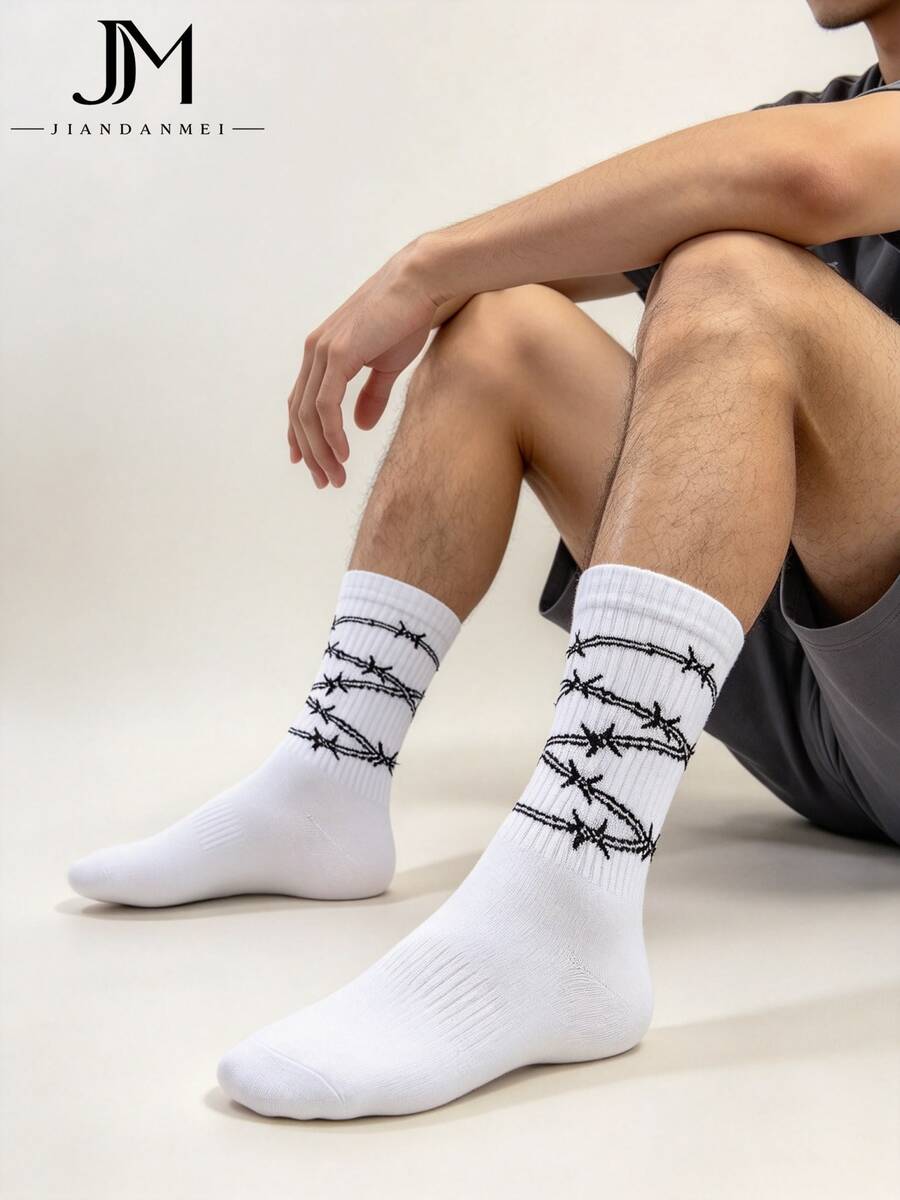White Base Black Thorn Pattern Mid-Calf Socks Street Style Personalized Casual Versatile Comfortable Skin-Friendly Breathable Men's Socks - Multicolor - View 1