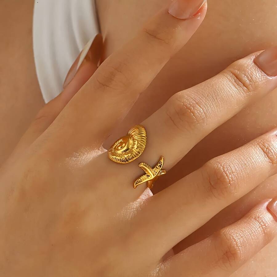 1pc Bohemian Vacation Style Stainless Steel Shell & Starfish Open Ring, Suitable For Daily Wear And Beach Travel - Gold - View 1