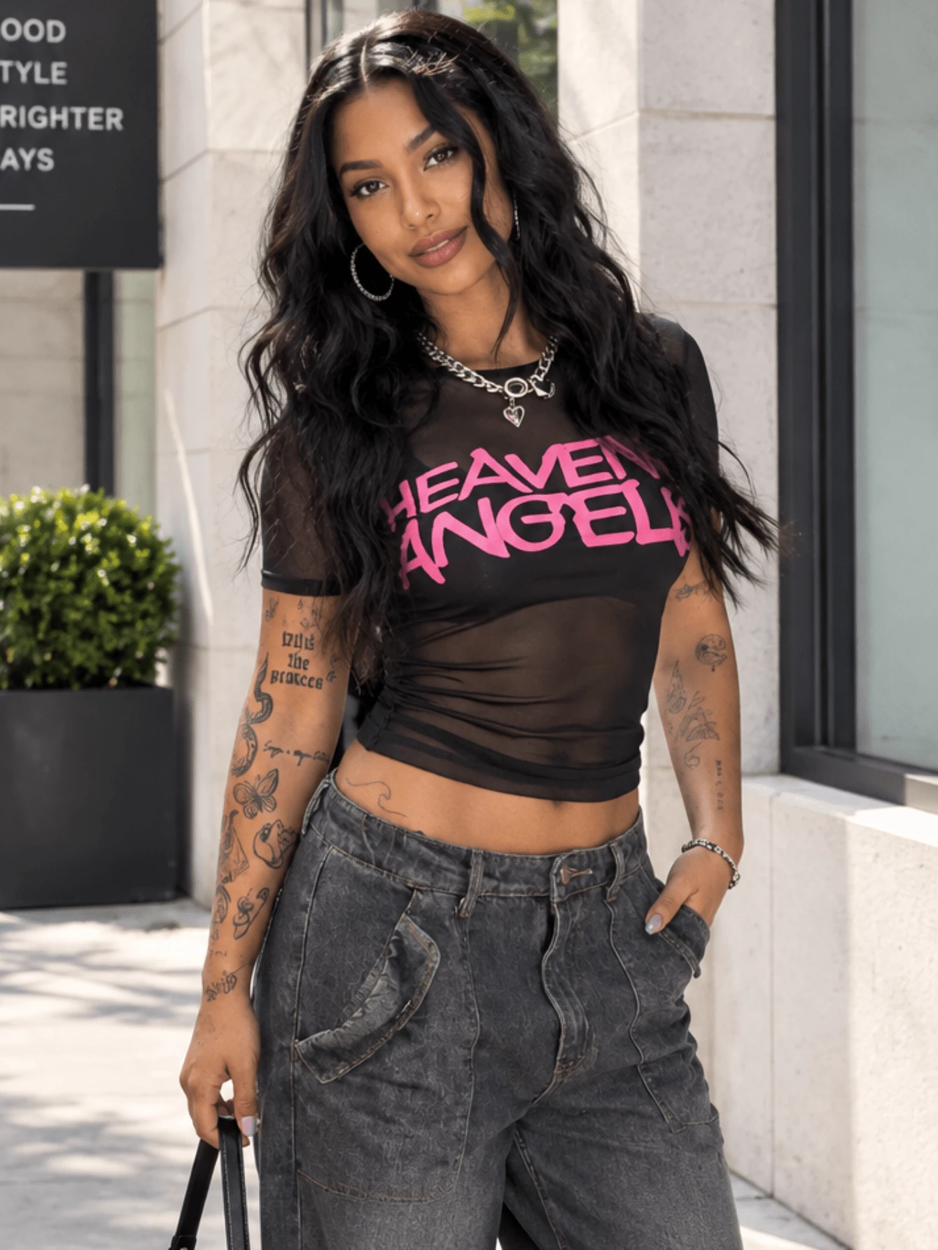 Women's Sexy Summer Top, Patterned Short Sleeve Mesh Valentine's Day T-Shirt, Nightclub Outing Outfit, Carnival Party Sheer Top - Black - View 1