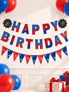 1 Set Spider Web Hero Happy Birthday Banner, Red & Blue Spider Web Print Letter Flags With Spider Web Hollow Cutout Paper And Triangle Bunting, Insect Web Superhero Theme Birthday Party Supplies, Indoor Window Photo Booth Backdrop Decoration - View 6