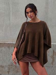 Plus Size Women's Brown Sleeveless Knit Cape, Round Neck Asymmetrical Hem, Suitable For Autumn/Winter Office And Daily Wear - Brown - View 3