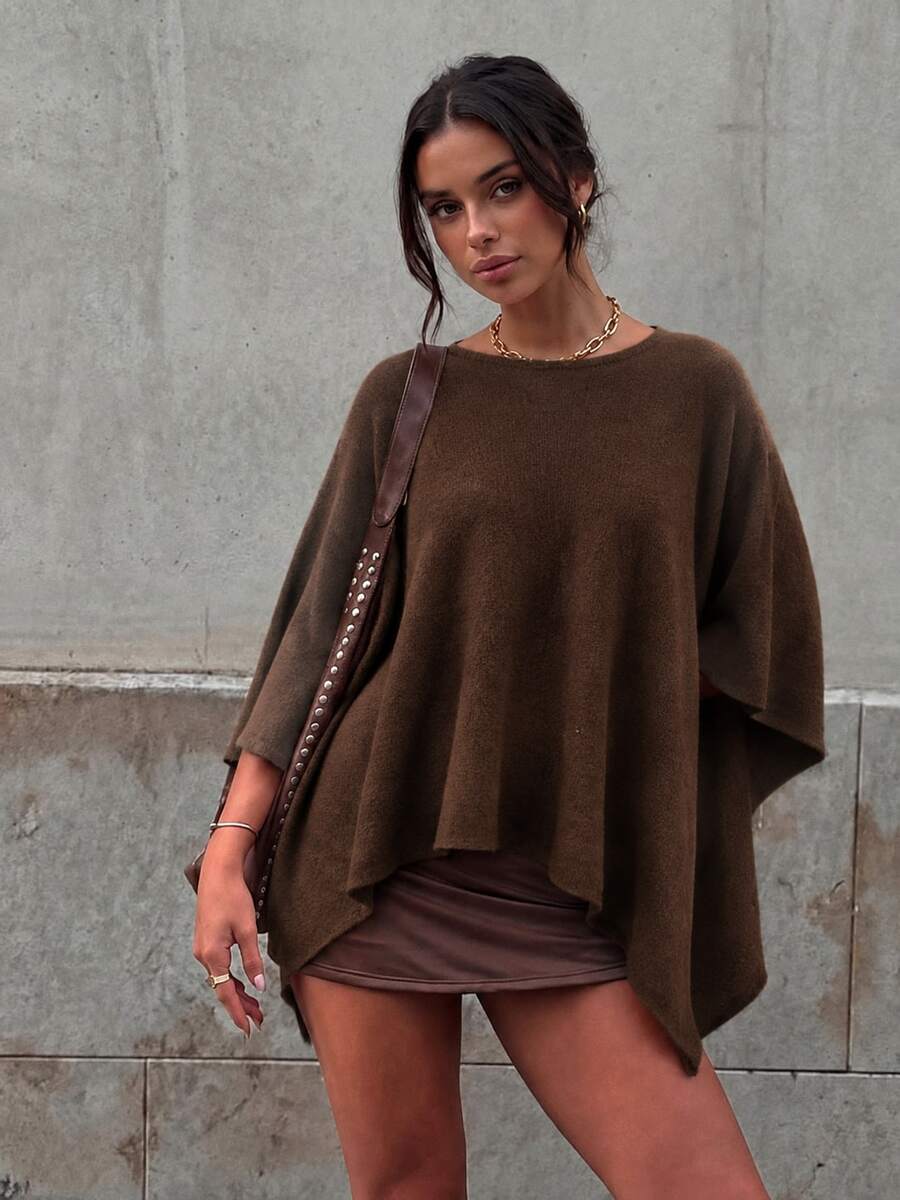 Plus Size Women's Brown Sleeveless Knit Cape, Round Neck Asymmetrical Hem, Suitable For Autumn/Winter Office And Daily Wear - Brown - View 1