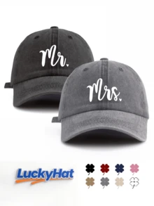 「Mr.」與「Mrs.」字母圖案印花棒球帽，復古水洗風情侶款爸爸帽，適合蜜月禮物 - 先生與夫人 - 查看 12