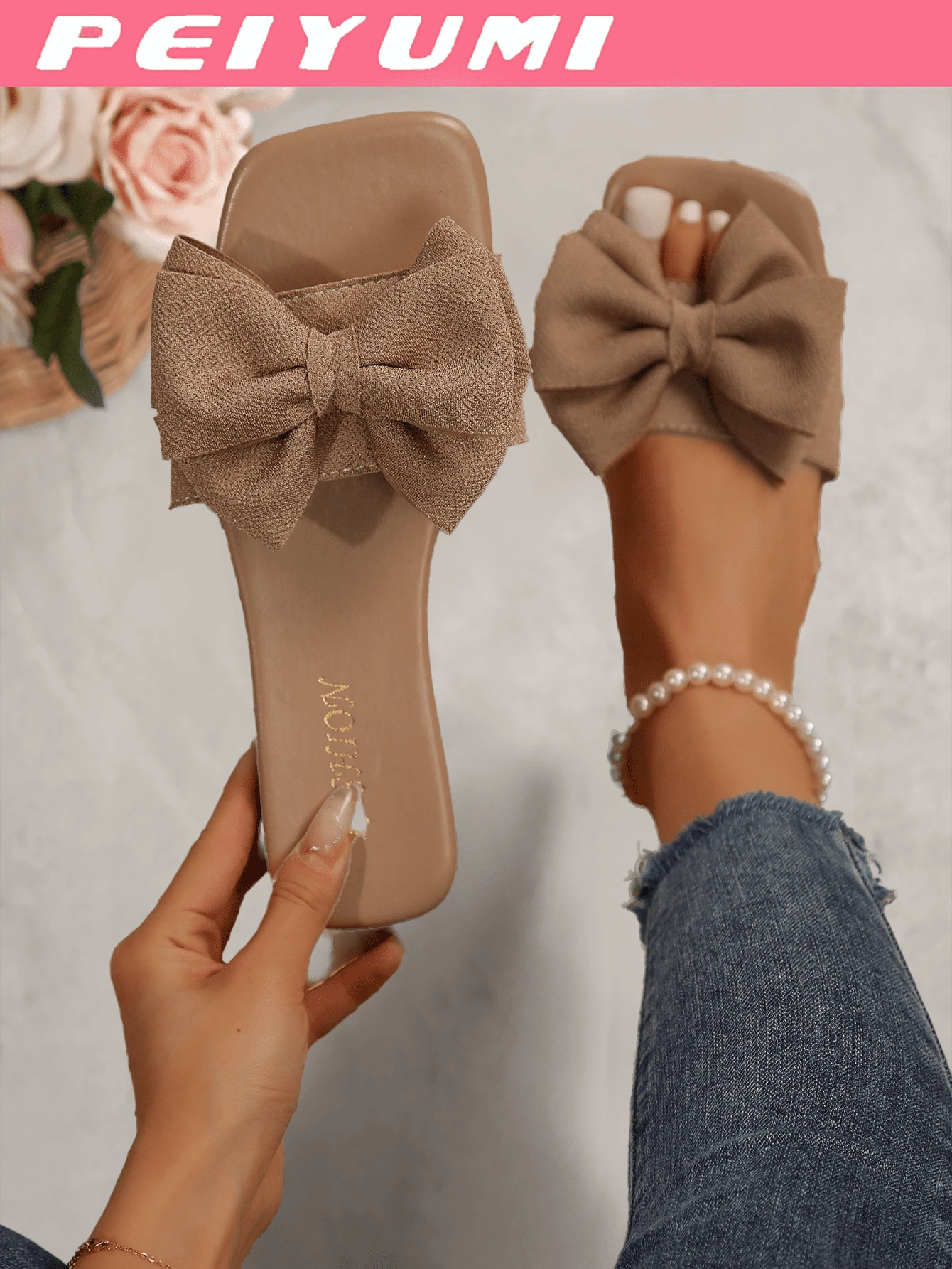 PEIYUMI Women's Bow Decor Slippers, Fashionable Summer Flat Sandals