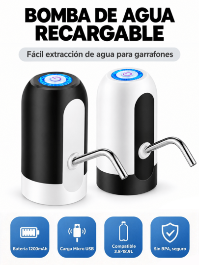 Dispensador de Agua Batería Carga Rápida USB Recargable 100% Automático Luz Indicadora de Encendido de Plástico 5 V Ligero para Garrafón de Varios Tamaño Diseño Ergonómico para Agua Potable Higiénico Segu ro de Acero Inoxidable Portátil Fácil de Instalar Más de 5,000 Horas de Uso