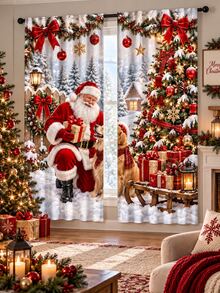 2Pcs Christmas Polyester Window Curtains, Santa Claus Christmas Tree Gift Red Bow Snowflake Snowy Forest Print Rod Pocket Curtain Panels For Living Room Bedroom, Xmas Holiday Home Decor - F - View 6