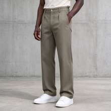 Khaki Semi-Elastic Waist Pleated Straight Leg Trousers, Drapey Loose Fit Business Casual Commuter Pants For Men - Khaki - View 4