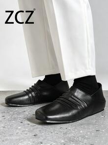ZCZ Men's Wrinkled Square Toe Slip-On Loafers, Flat Heel Casual Shoes - Black - View 3