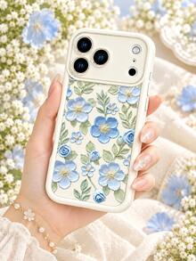 1pc Cream White Background 3D Oil Painting Blue Floral Phone Case, Fresh Artistic Floral Pattern Anti-Fall Full Coverage Protective Shell Compatible With IPhone 18 Pro Max/18 Pro/17/16/15/14/13/12/11/Pro/Pro Max/X/XR/XS/XS Max/7/8/Plus, /Honor - Beige - View 6