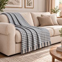 Houndstooth Sofa Throw Blanket With Tassels- 180X200 CM - Non-Slip Couch Protector For Living Room - Light Grey - View 4