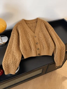 Women's Plus Size Cropped Knit Cardigan With Long Sleeves And Button Detail. Perfect For Fall Women's Casual Wear. - Mustard Yellow - View 1