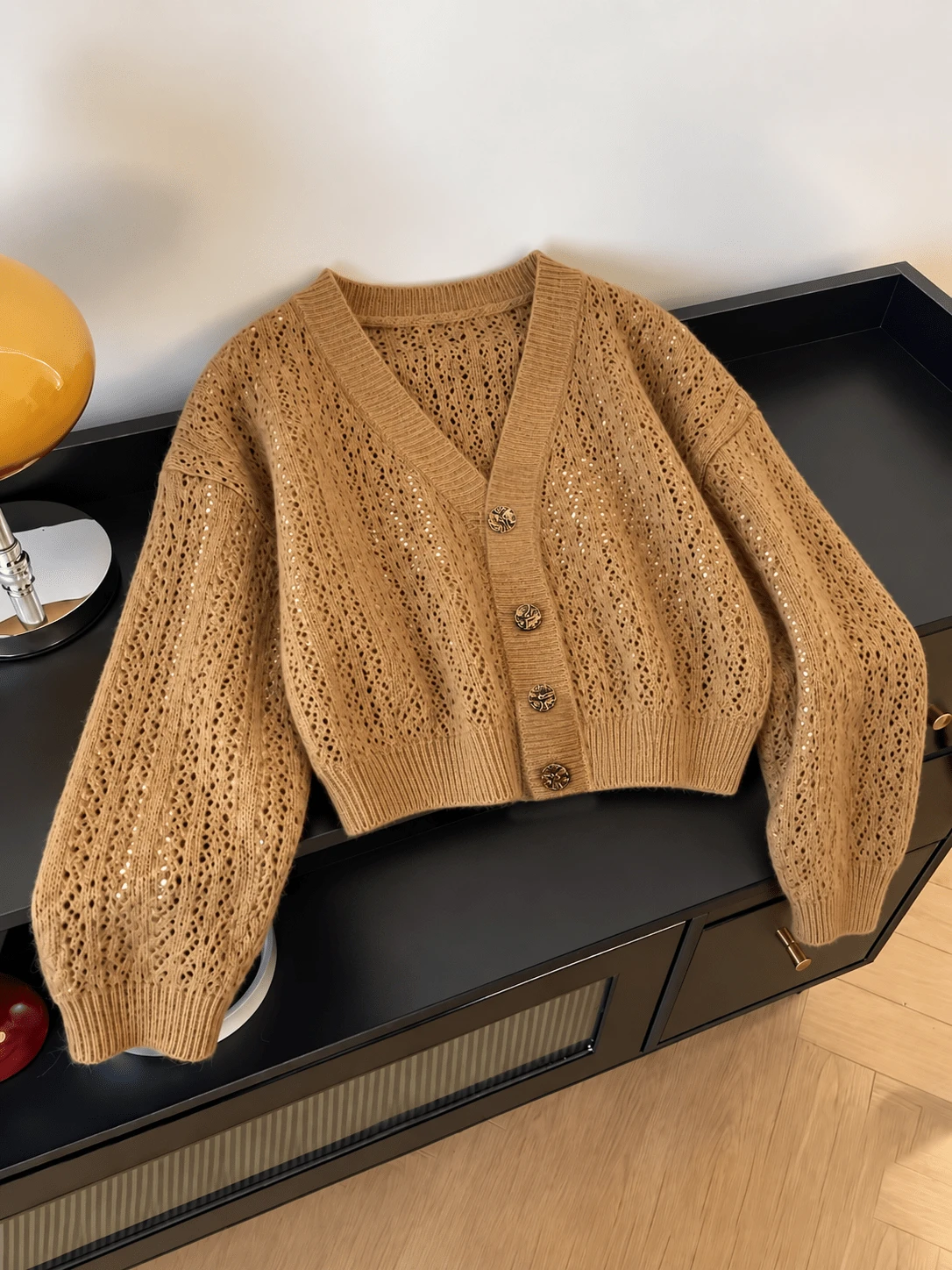 Women's Plus Size Cropped Knit Cardigan With Long Sleeves And Button Detail. Perfect For Fall Women's Casual Wear. - Mustard Yellow - View 1