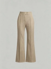 Tall Girls High Waist Flare Pants, Front Seam Detail, Button Closure, Black Long Pants, Suitable For Casual And Formal Occasions, Stretch Fabric - Khaki - View 5