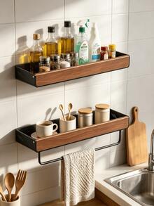 Solid Wood Walnut Bathroom Wall-Mounted Shelf, No-Punch Floating Storage Rack, Suitable For Washbasin Countertops, Toiletries And Household Essentials Storage - Black - View 4