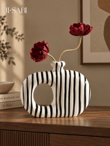 1pc Wabi-Sabi Style Abstract Hollow Ring Reed Diffuser Vase, Black Vertical Stripe White Base, Modern Minimalist Dried Flower Fragrance Bottle, Living Room Entryway Desktop Aesthetic Decor Gift - Black and White Striped Aromatherapy Bottle - View 2